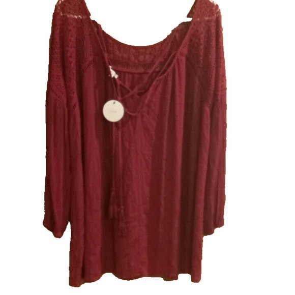 En Creme Top Womens Small Boho Crochet Insert red Tassel Tie Top Blouse - Picture 1 of 3